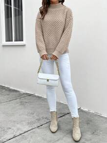 SHEIN LUNE Sweater Kasual Kerah Tegak Warna Polos, Gaya Minimalis untuk Pemakaian Sehari-hari, Pullover Rajut Musim Gugur dan Musim Dingin - Khaki - View 3