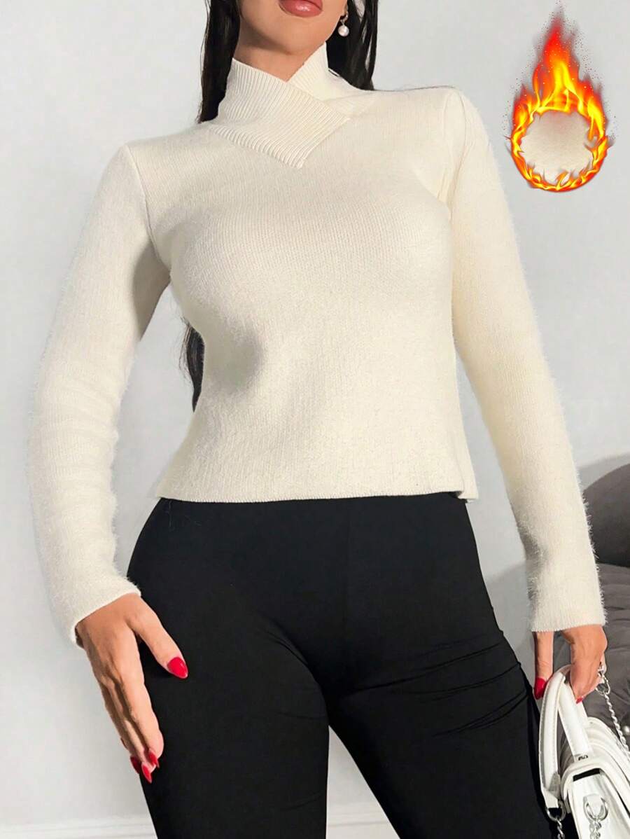 Zolique Women's White Christmas Sweater Long Sleeved High Neck Winter Clothes Knit Pullover Fall Outfit