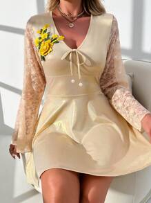 Long Sleeve Ladies' Nightgown With Embroidered 3D Floral Lace Patchwork - Apricot - View 4