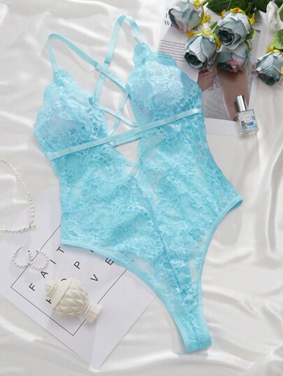 Bloemen Kanten Criss Cross Plunging Neck Teddy Bodysuit Lingerie view 6