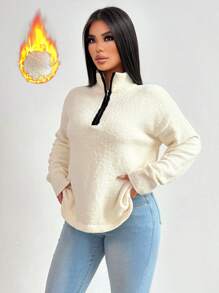 Zolique Women's Black White Autumn Knitted Long Sleeved High Necked Half Zipper Sweater,Outdoor Loose Fit Casual Occasion Top,Winter Styles,All Season - White - View 1