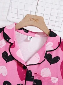 SHEIN Tween Girl Valentine's Day 2pcs Outfit,Cute Pink And Black Heart Print Short Sleeve Shirt And Pajama Pants Set,Summer Sleep Comfortable Sleepwear - Pink - View 4