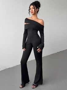 Aloruh Women Solid Color Asymmetric Collar Long Sleeve Hollow Out Fashionable Jumpsuit - Black - View 5