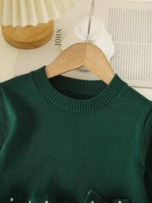 Young Girl Knitted Sweater Dress,Avocado Green,Autumn,Fairy Cute Lively Style Warm Soft Fabric Colorblock Design For Winter,Business,Parties & Play - Dark Green - View 3