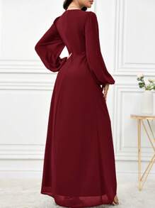 Modelyn Sukienka damska w jednolitym kolorze z dekoltem w serek i rękawami w kształcie latarni, z kwiatowym wzorem, bardzo długa, długie suknie wieczorowe