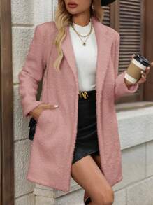 SHEIN Clasi Women's Textured Felt Warm White Overcoat, Suitable For Commuting And Daily Wear, Autumn/Winter - Pink - View 4