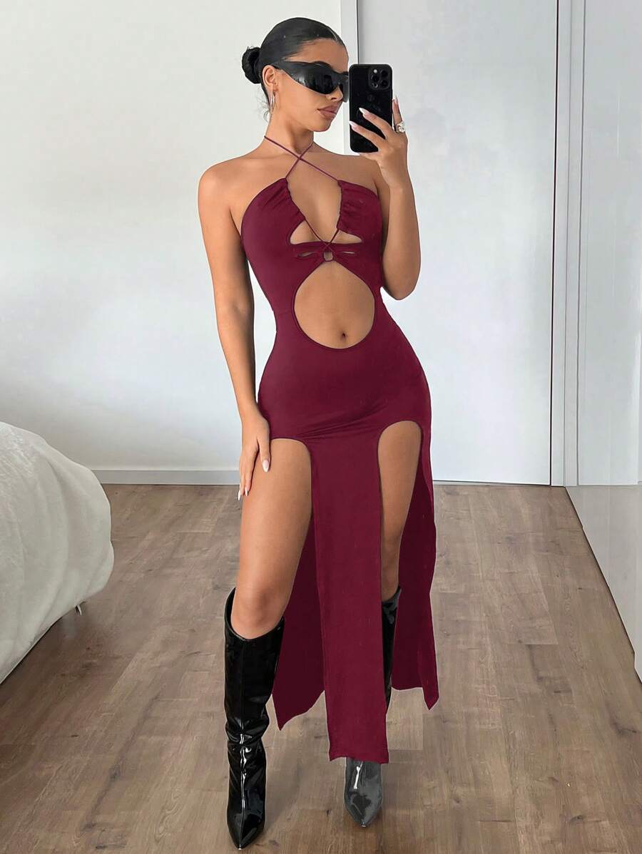 SHEIN ICON Đầm bó sát màu đen hở lưng buộc eo hở lưng xẻ cao cho nữ - Màu Đỏ Sâu - Xem 1
