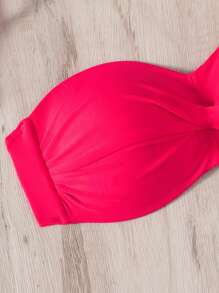 SHEIN Swim 2025 纯色褶皱比基尼上衣，带钢圈聚拢夏季 - 紅色 - 查看 4
