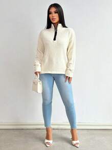 Zolique Women's Black White Autumn Knitted Long Sleeved High Necked Half Zipper Sweater,Outdoor Loose Fit Casual Occasion Top,Winter Styles,All Season - White - View 5