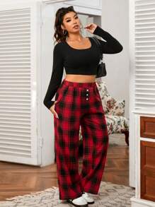 SHEIN EZwear Pantalones holgados de cuadros, de cintura elástica y diseño con botones, para mujer de talla grande, color rojo