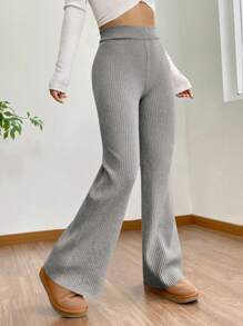 SHEIN EZwear Plus Size Casual Solid Color Flared Sweater Pants, Autumn/Winter - Light Grey - View 1