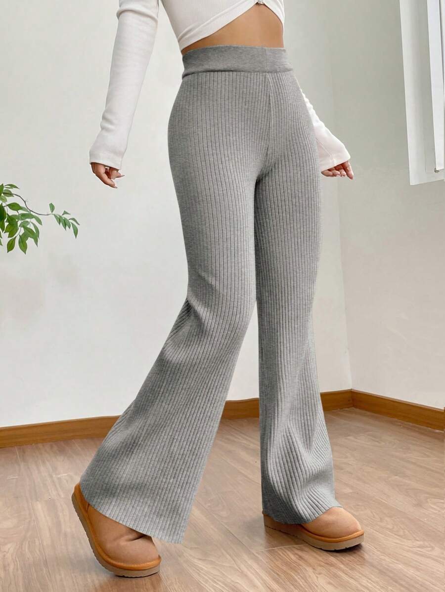 SHEIN EZwear Plus Size Casual Solid Color Flared Sweater Pants, Autumn/Winter - Light Grey - View 1