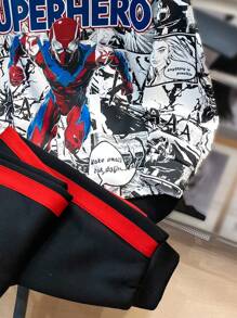 2 件套青少年男孩休闲动漫图案印花连帽衫和宽松运动裤套装，适合通勤、上学、日常、度假、秋季、冬季运动，加厚羊毛 - 黑與白 - 查看 5