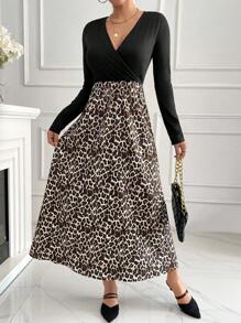 INAWLY 女士豹纹交叉 V 领长袖中长裹身连衣裙，适合春季