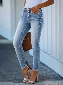 Elastic Button Up Women's Skinny Casual Denim Pants - Light Wash - View 3