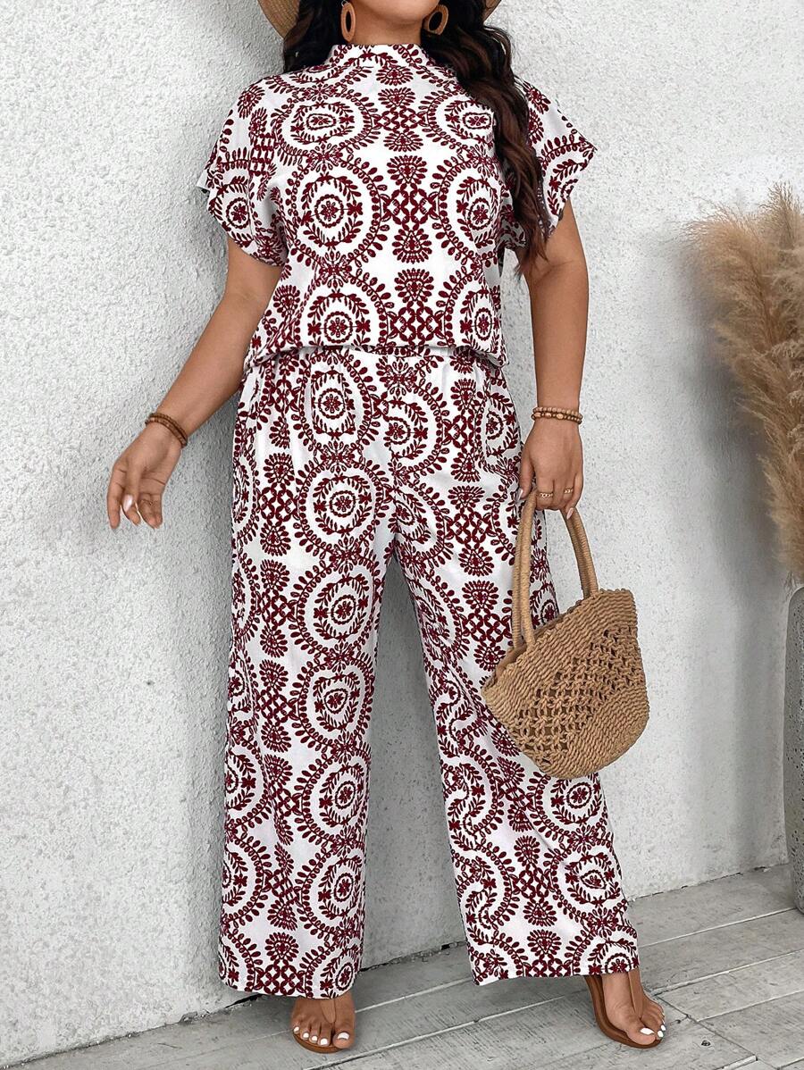 SHEIN VCAY Plus Size Boho Summer Casual Vintage Two-Piece Set