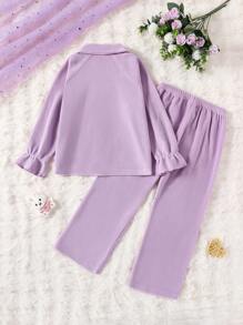 SHEIN Young Girl' Cute Rabbit With Red Heart Embroidered Ruffle Cuff Collar Open Cardigan & Soft Warm Plush Fabric Loose Comfortable Spring/Autumn Long Sleeve & Pants Homewear Set - Mauve Purple - View 2