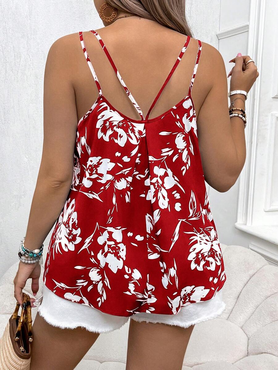 SHEIN VCAY Top de tirantes de mujer de talla grande con estampado floral bohemio, para el verano - Rojo - Ver 1