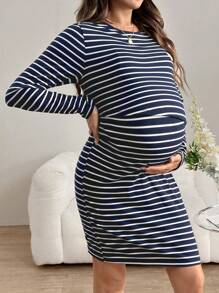 SHEIN 孕妇休闲哺乳连衣裙，心形刺绣圆领长袖孕妇秋冬装 - 藏蓝色 - 查看 3