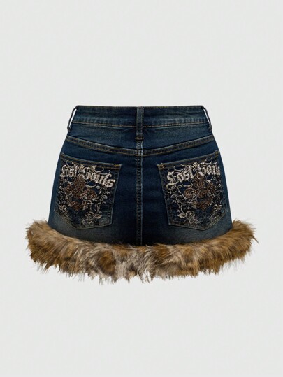 Fairycore Plus Size Leopard Print Embroidery And Rhinestone Patchwork Fluffy Denim Mini Skirt