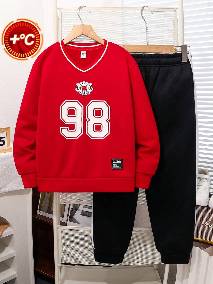 Tween Boys' V-Neck Numeric Pattern Sweatshirt And Black Drawstring Jogger Pants 2pcs Set