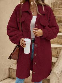 SHEIN Frenchy Chaqueta holgada de mujer de un solo pecho con manga larga de hombro caído, de unicolor y forro de borrego sintético, para otoño/invierno - Burdeos - Ver 4