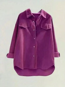 Women's Fashion Polyester Turndown Collar Long Sleeve Drop Shoulder Corduroy Casual Shirt, Asymmetric Hem With Button Detail Spring - Hot Pink - View 3