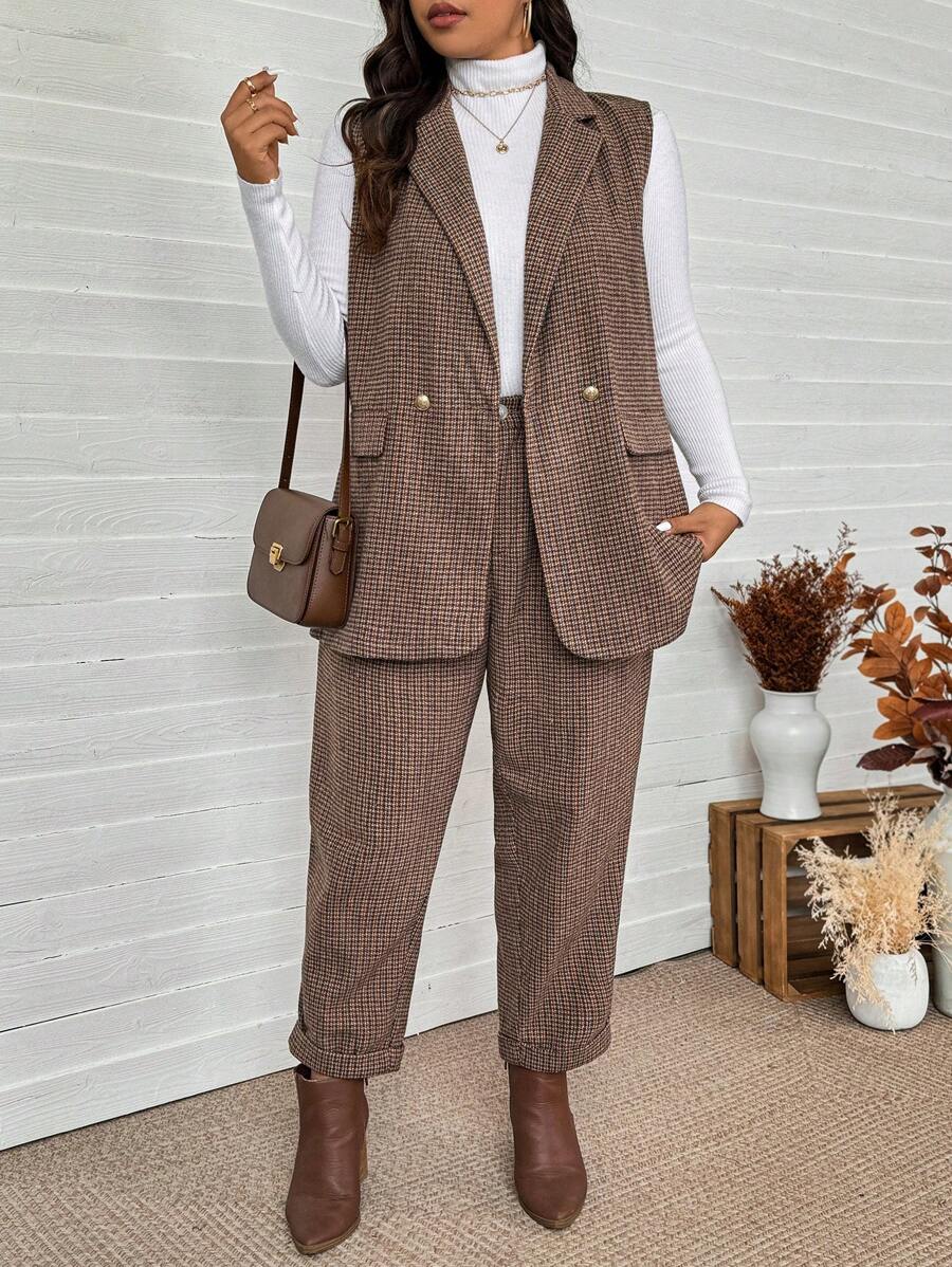 SHEIN LUNE Plus Size Women Plaid Shirt Collar Double-Breasted Sleeveless Jacket & Pants Casual 2 Pieces Set, Autumn Thanksgiving Outfit Women New Years Women Outfit Winter Dresses Winter Clothes Women Rave Outfits New Years Eve Outfit, Office Wear, New Years Women Outfit, Party, Business Casual Woman Fall - Multicolor - View 1