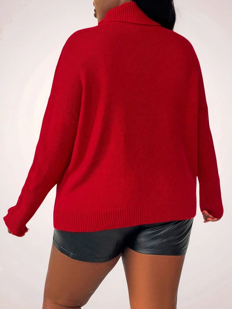 SHEIN LUNE Plus Size Solid High Neck Long Sleeve Button Minimalist Pullover Sweater, Casual Everyday Knit Pullover Fall Winter - Red - View 2