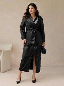 BizChic Women Solid Color Slit Simple Plus Size Casual PU Leather Elegant Commuter Skirt Fall Women Outfits Winter Women Clothes