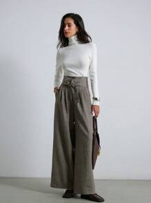 Aveloria Modichic Retro Vintage Chic Commuter Cinched Waist Plaid Wide Leg Pants 