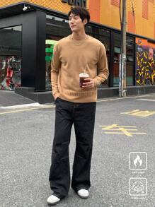 Manfinity CasualKnits 男士圆领纯色休闲毛衣，简约时尚，适合日常穿着 - 駝色 - 查看 3