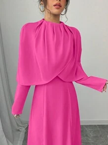 Elenzga Robe longue élégante, plissée, à manches longues, col rond, de couleur unie, pour femmes en automne - Rose vif - Voir 3
