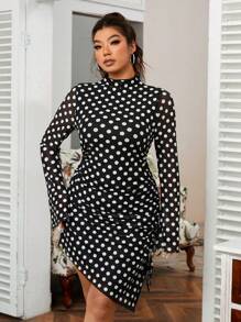 SHEIN EZwear Plus Size Women Frill Collar Long Sleeve Polka Dot Mesh Dress - Black and White - View 4