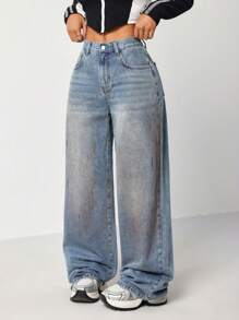 SHEIN EZwear 女式休闲低腰修身直筒牛仔裤，蓝色 - 藍色 - 查看 1