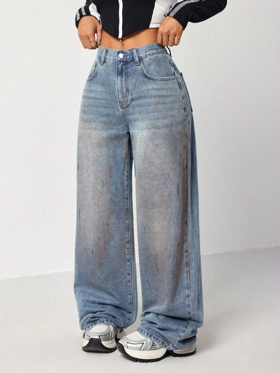 SHEIN EZwear 女式休闲低腰修身直筒牛仔裤，蓝色 - 藍色 - 查看 1