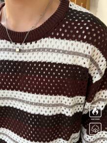 Manfinity CasualKnits 男士休闲撞色条纹镂空针织毛衣，秋冬 - 彩色 - 查看 6