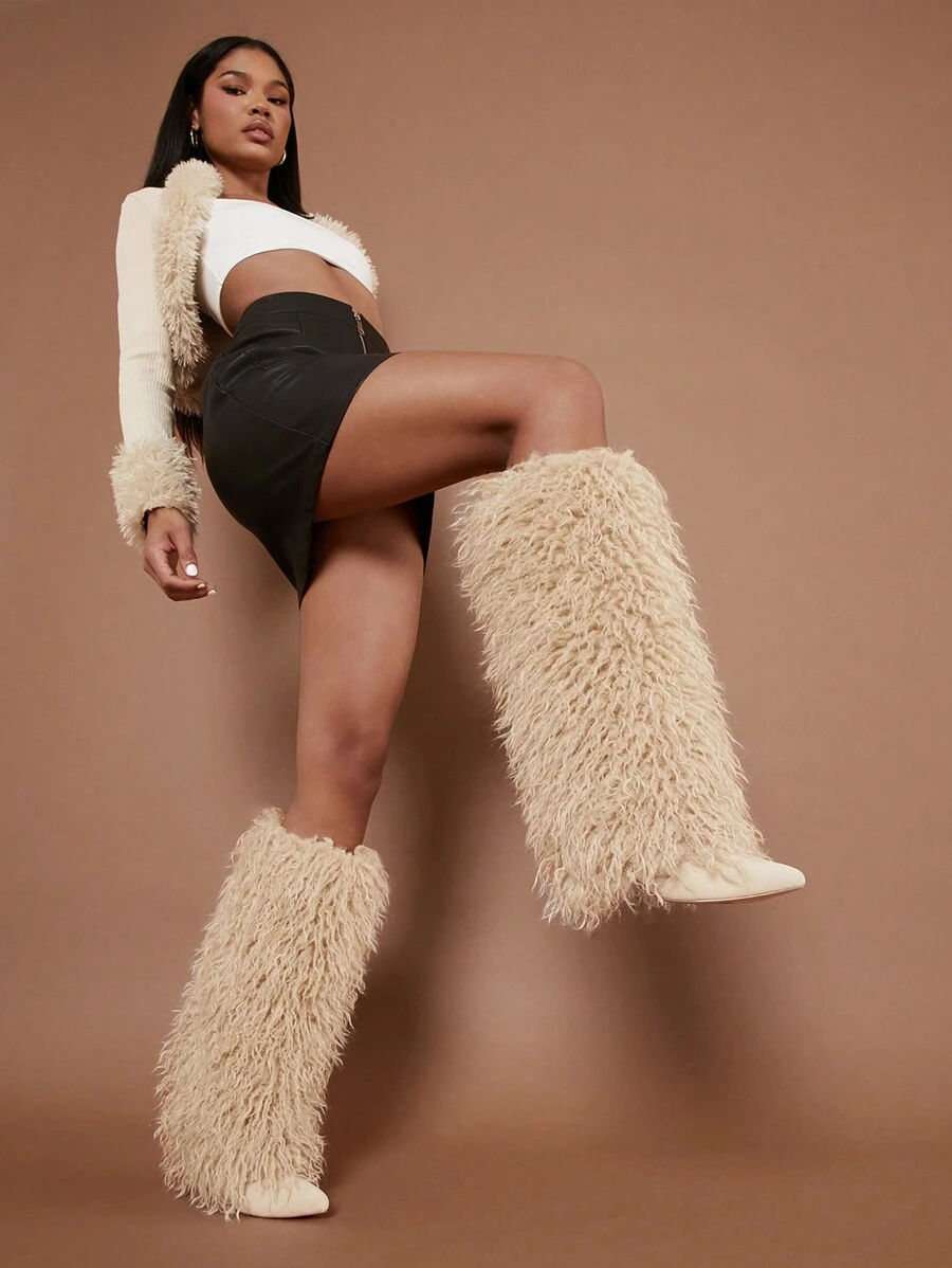 SHUZIA Women Fashion Daily Versatile Pointed Toe Skinny Heel Warm Comfortable Mid-Calf Boots Summer Shoes Spring Shoes Spring Break Easter - Beige - View 1