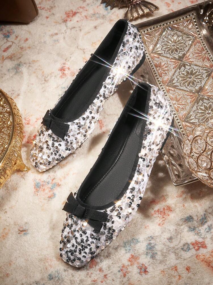 CUCCOO TILAWA Women's Bow Decor Sequin Embellished Flat Shoes For Vibe And Spring Shoes Spring Break Easter