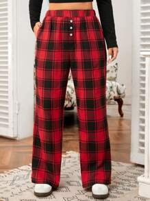 SHEIN EZwear Pantalones holgados de cuadros, de cintura elástica y diseño con botones, para mujer de talla grande, color rojo