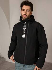 Manfinity ModaGents Chaqueta informal de manga larga y corte holgado para hombre, abrigo de invierno negro cálido con gráficos, ideal como regalo para amigos, esposo o novio