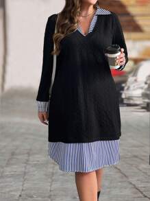 SHEIN LUNE Plus Size 2 In 1 Blue And White Ribbed Contrast Knitted Cord Casual Versatile Straight Collar Dress For Women - Black - View 4
