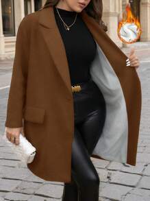 SHEIN Clasi Plus Size Elegant Plus Size Gray Mid-Length Overcoat, Suitable For Workwear - Brown - View 4