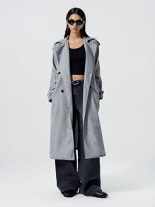 LYSMO Women's Solid Color Double-Breasted Belted Pocket Long Sleeve Casual Trench Coat - Grey - View 6