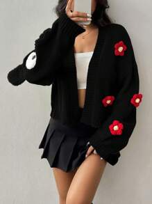 SHEIN Unity Cute Bear Flower Pattern Women Sweater Cardigan - Black - View 4