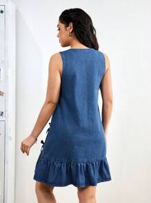 SHEIN EZwear Women's Bowknot Decor V-Neck Sleeveless Ruffled Hem Short Denim Dress - Blue - View 2