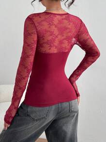 Flirla Women Contrast Lace V-Neck Long Sleeve Ruffle Hem Fitted Fashion T-Shirt, Autumn