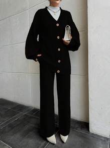 EURMUSE Women Drop Shoulder Button Front Cardigan And Sweater Pant 2 Piece Outfit Set Co-Ords - Black - View 5