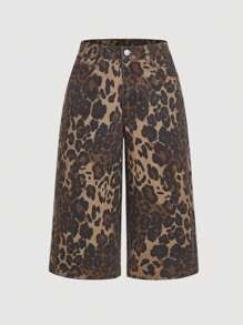 SHEIN MOD 女士休闲宽松七分牛仔裤，豹纹印花，棉质 - 巧克力棕 - 查看 1