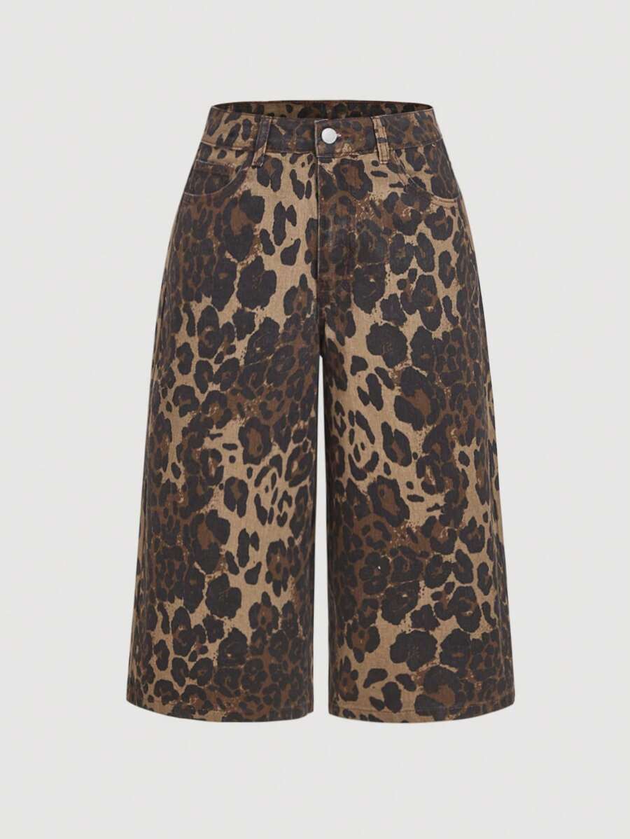 SHEIN MOD 女士休闲宽松七分牛仔裤，豹纹印花，棉质 - 巧克力棕 - 查看 1